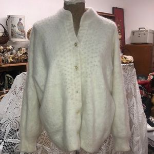 Vintage angora oversized sweater cardigan- pearl beading, ornate buttons